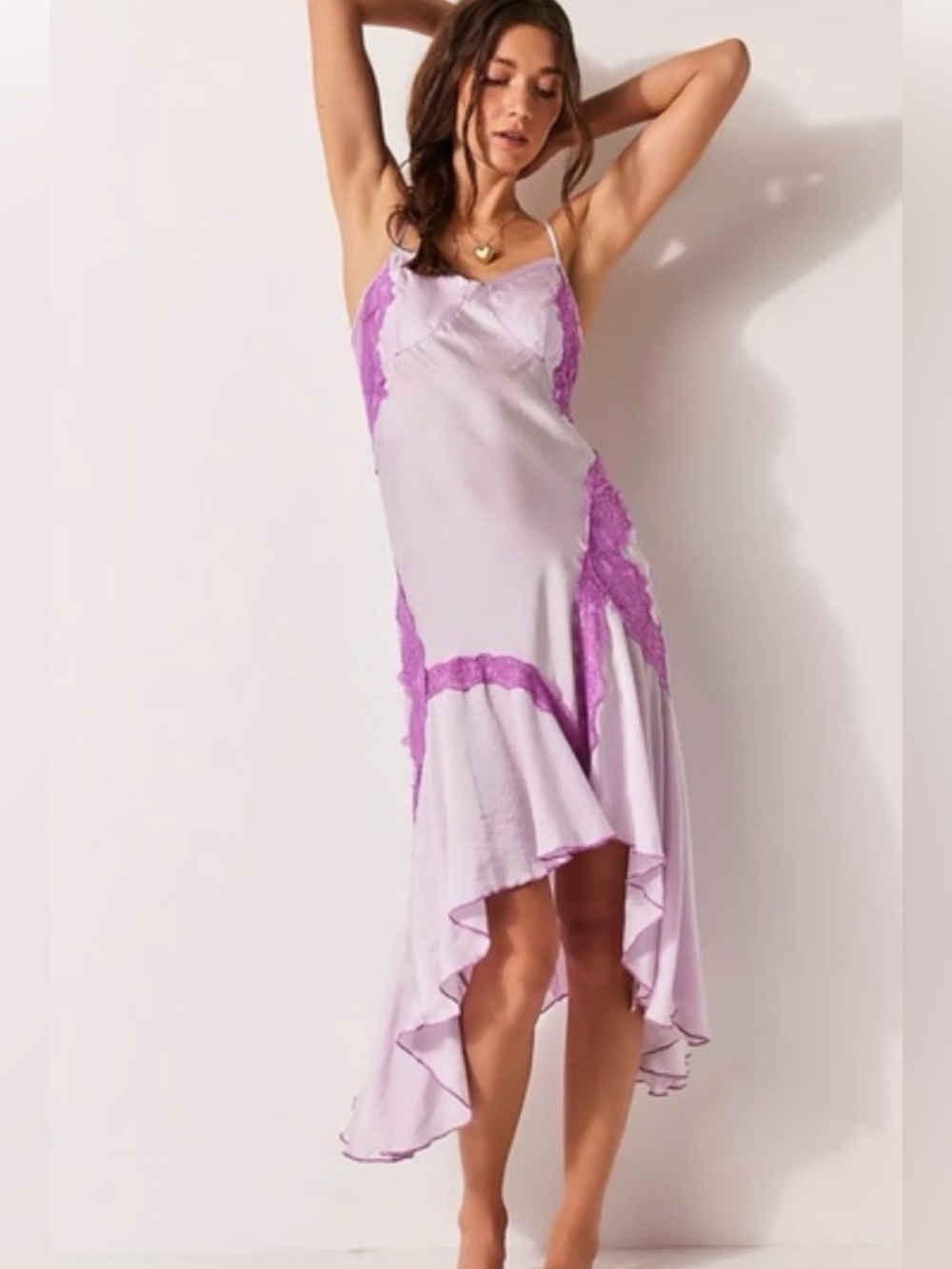 Free People Lavender Slip Midi Dress with Lilac Lace Trim